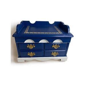 Tabletop Jewelry Box Bright Navy White Goldtone 8"h x 11"l x 6.5"d